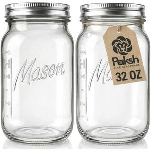 Paksh Novelty Wide Mouth Mason Jars With Lids 32 oz Glass Quart Mason Canning Jars, Large Mason Jar Wide Mouth for Canning, Pickling, Jelly Preserving & Meal Prep, 2-Pack