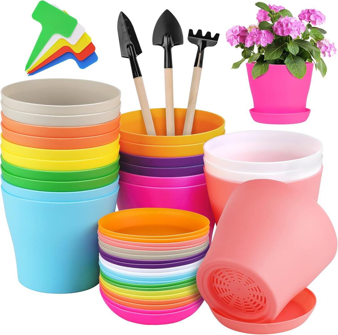 Hahood 20 Pack Plastic Planters 5.5 Inch Plant Flower Pot with Trays, Seedlings Nursery Pots Planter Flower Container Seed Pots for Seedling, Transplanting, Cutting, Assorted 10 Colors