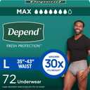 Depend Fresh Protection Adult Diapers, Incontinence Underwear for Men, Disposable, Maximum, Large, Grey, 72 Count (2 Packs of 36)