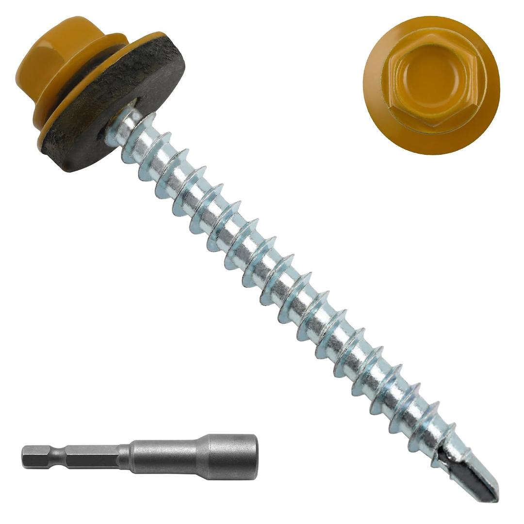 JEGONFRI 200PCS #10 x 2 Yellow Hex Head Self-Drilling Metal Roofing Screws