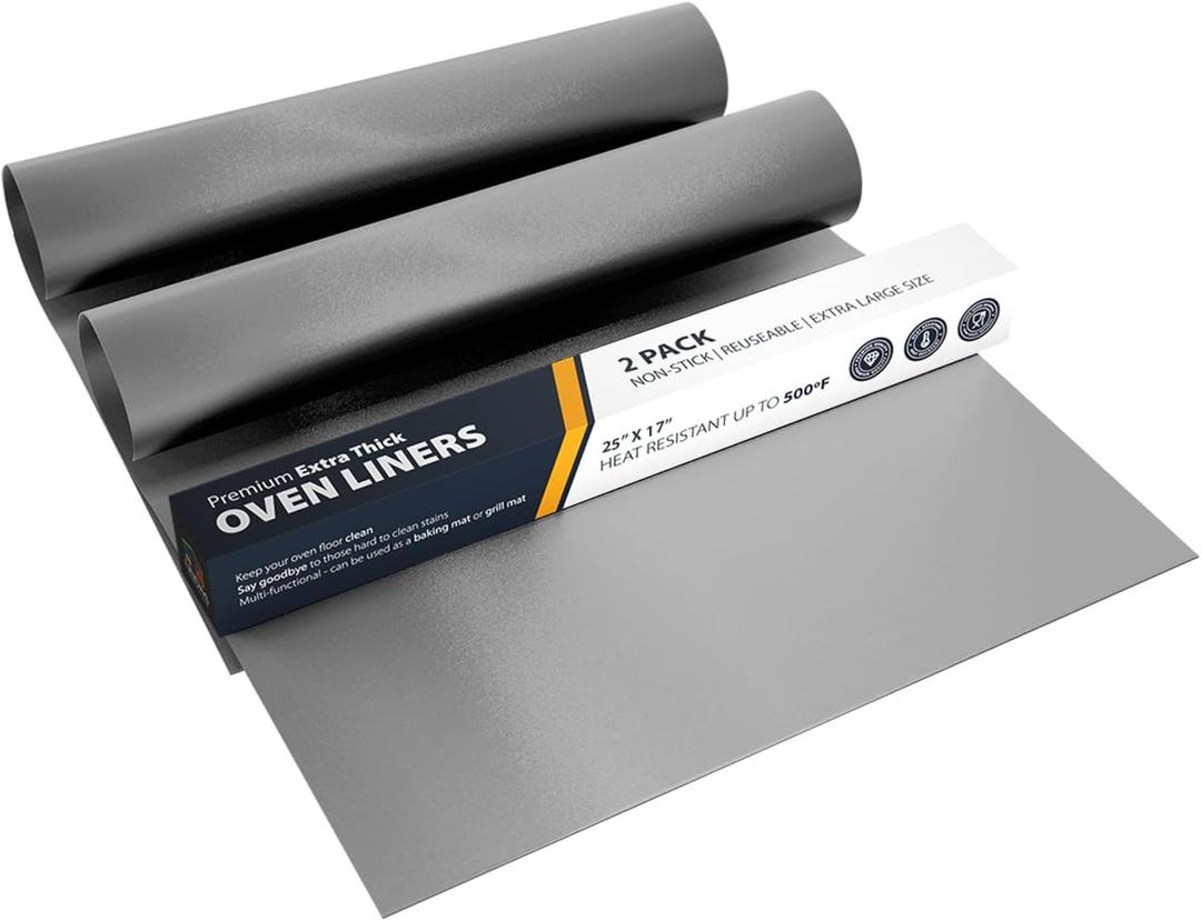 Oven Liners for Bottom of Oven - 2 Pack Large Heavy Duty Mats, 17x25 Non-Stick Reusable Liner for Electric, Gas, Toasters, Grills - BPA & PFOA Free Kitchen Accessory to Keep It Clean (Silver)
