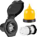 Ficstar 30 AMP RV Power Inlet Receptacle Power Plug with Indicator, 125V, Female Twist Locking Connector with Weatherproof Cover Boot Kit for RV Trailer Boat Caravan Camper, NEMA L5-30R Black Plug