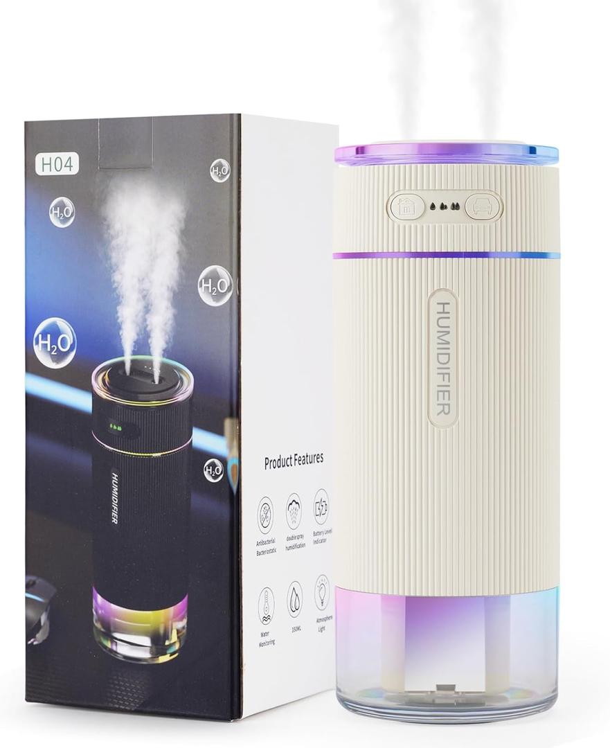 Portable Small Humidifiers for Travel, Mini Air Ultrasonic Humidifier with Filter Element - Cool Mist, Whisper Quiet, Nightlight, 350ML Tank, Car Modes, Perfect for Baby, Bedroom, Hotel, Desk, Plants (White)