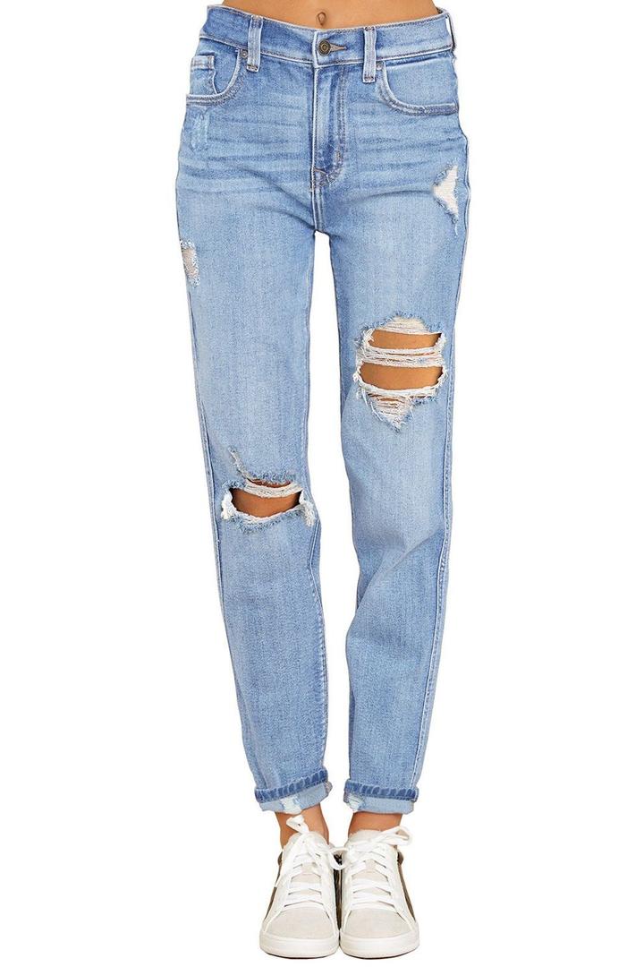 Blue Cuffed Ripped Denim Boyfriend Jeans
, Small