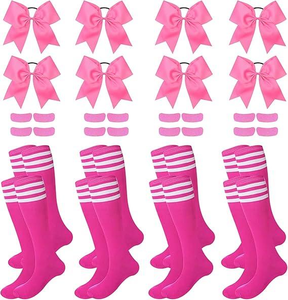 24 Pcs/8 Set Women Knee High Socks Set 8 Soccer Socks 8 Eye Black Stickers 8 Cheer Hair Bows for Cheerleading Teen Girls College Sports