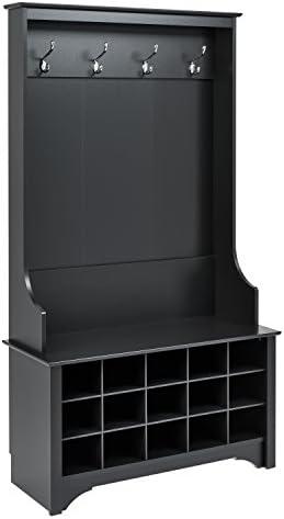 Prepac Entryway Organizer, Coat Rack, Hall Tree features 4 Hooks for Coat Storage, & Hanging Bags; Furniture for Entryway with Bench & 15 Cubbies for Shoe Storage, 38” W x 68” H x 15.5” D, Black