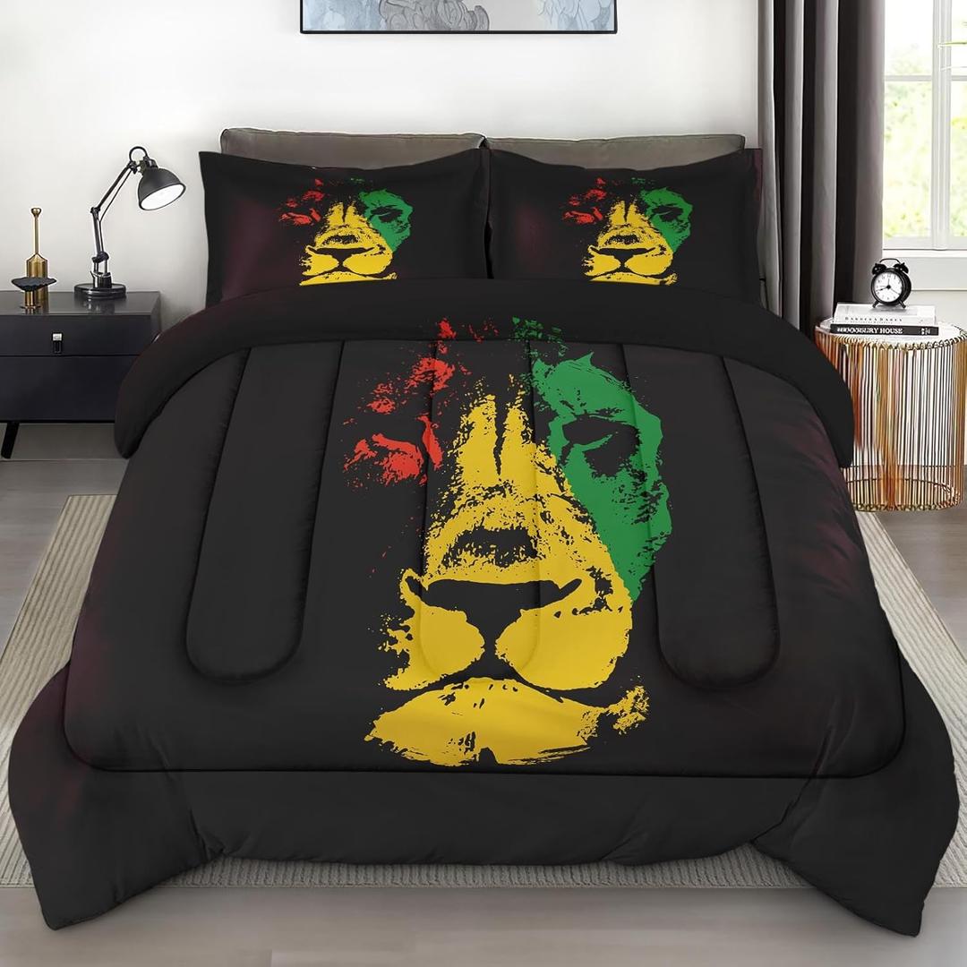 Comforter Set Twin Size, Lion African Yellow Soft 2 Pcs Bedding for Kids and Adults, Green Red Black Rasta Comforter Set with Pillowcase, for Bedroom Bed Decor