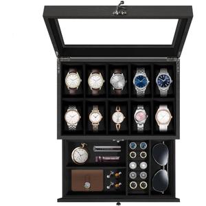 Uten 10-Slot Watch Box, 2-Layers Solid Wood Watch Display Case with Glass Lid, Watch Holder Organizer with Soft Pillow and Velvet Lining, Watch and Jewelry Storage Box, Black
