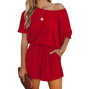 Lacozy Women's 2026 Summer Short Sleeve Off The Shoulder Rompers Casual Shorts One Piece Overall Jumpsuits Dressy Red XL