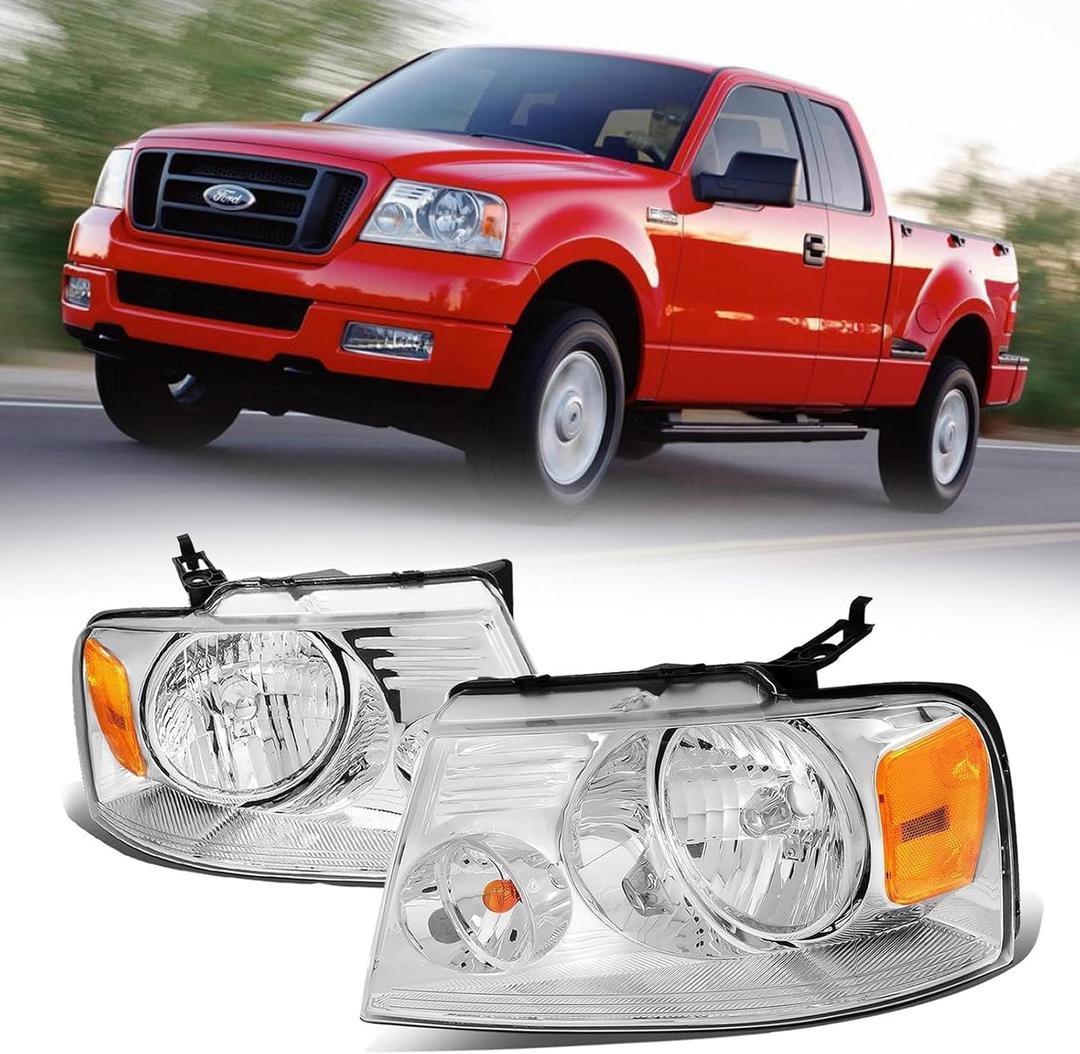 Headlights for 2004-2008 Ford F150, Headlight Assembly for 04-08 F-150, 2006-2008 Lincoln Mark LT Headlamp Replacement, Chrome Housing Amber Reflector, 2PCS