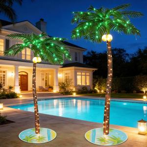 5ft&7ft Lighted Palm with Tree Skirt Set - 76&116 LED Lights with 14&16 Twinkling Lights & Glowing Coconuts, Tropical Decor for Indoor Outdoor Patio Garden Party