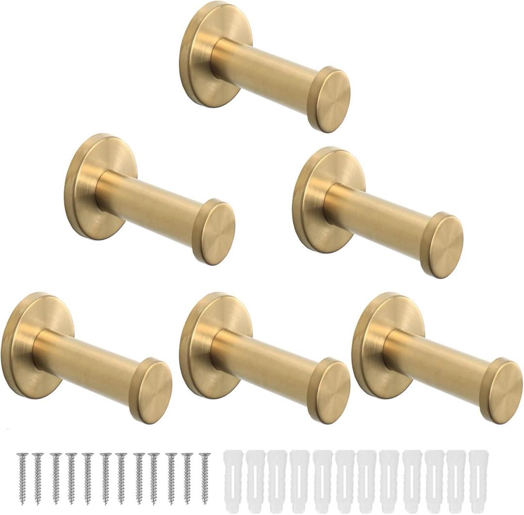 Bath Towel Hooks, 6 Pack Round Coat Hooks, Sturdy Wall Mounted Robe Hook, SUS 304 Stainless Steel Heavy Duty Clothes Hanger, Wall Towel Hooks for Bathroom Bedroom Kitchen (3 in, Gold)