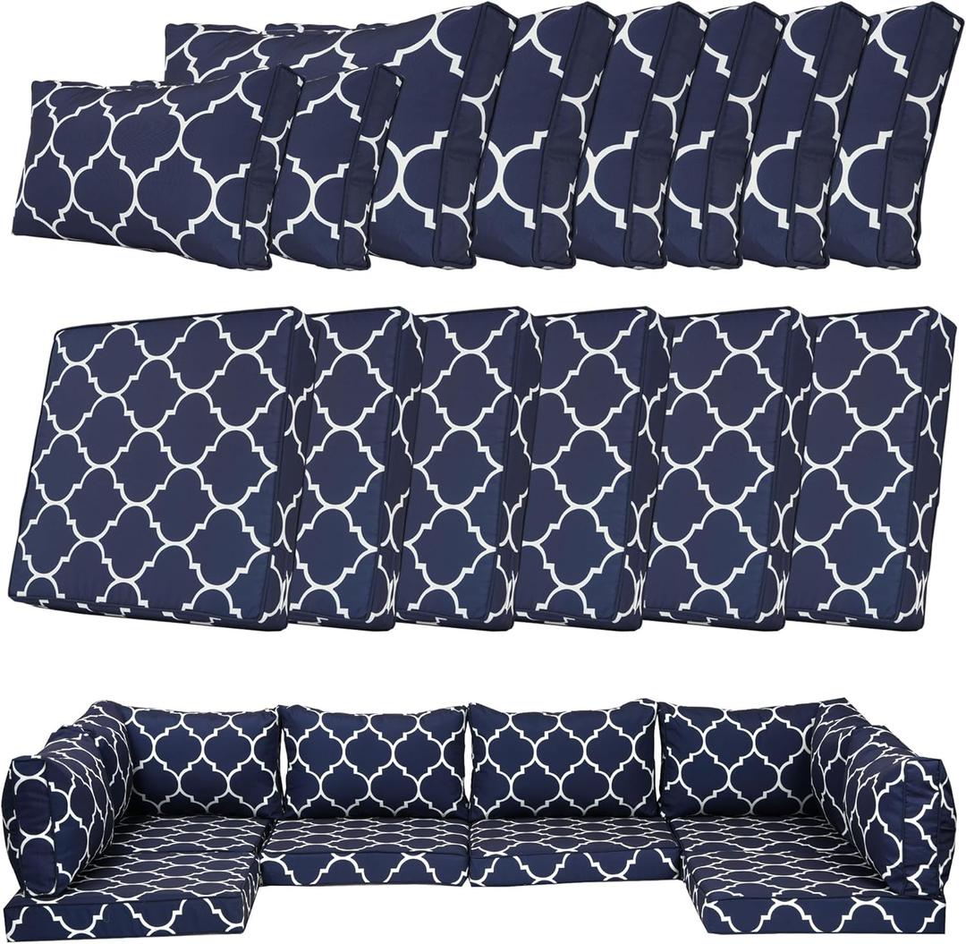 14 Piece Outdoor Patio Cushion Cover Replacement, Waterproof Patio Cushion Covers, Outdoor Furniture Cushion Covers Set for 6 Seat Wicker Rattan Sofa (Blue Grid)