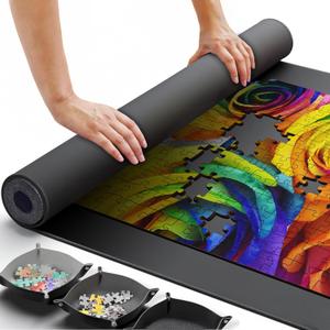 Puzzle Mat Jigsaw Puzzle Mat and 3 Puzzle Trays, Puzzle Mat Roll Up 51x31, Portable Large Puzzle Mat Organizer Up to 2000 Pcs, No Creases to Your Finished and Unfinished Puzzles, Rubber Puzzle Mats (Black)