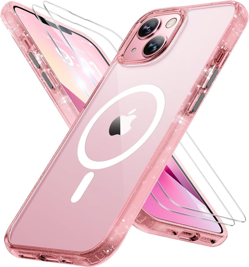 Miracase Magnetic Series for iPhone 13 Case [Compatible with MagSafe] [with 2X Screen Protectors] Military-Grade Protection, Anti-Fingerprint, Slim Design Phone Case for iPhone 13, Glitter Pink (iPhone 13 6.1")