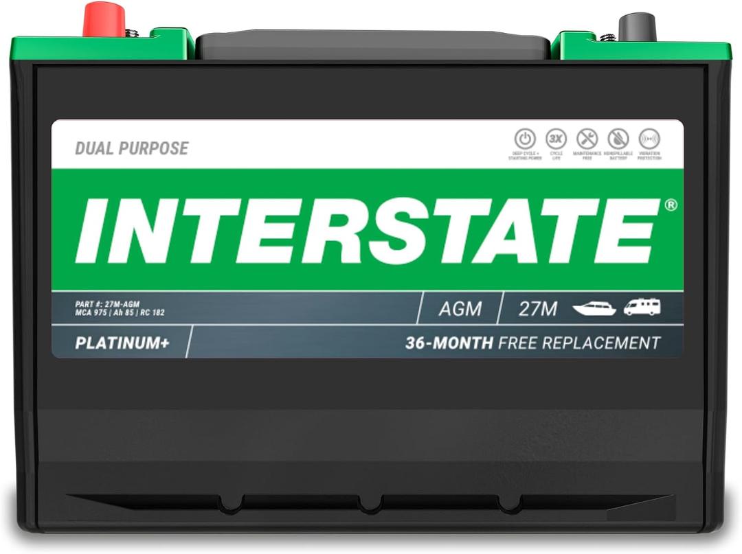 Interstate Batteries Marine/RV Battery 12V 85Ah 975MCA (Group Size 27M) Dual Purpose Power Pure Lead AGM RV & Marine Starting Replacement Battery (27M-AGM) Boats, RV's