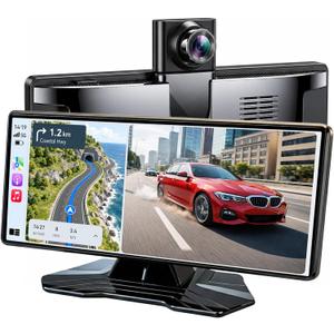 10.26" Wireless CarPlay Screen for Car, Apple CarPlay & Android Auto Screen, Portable Car Stereo with 4K Front Dash Cam & 1080P Backup Camera, Bluetooth, Voice Control, GPS Navigation, Mirror Link