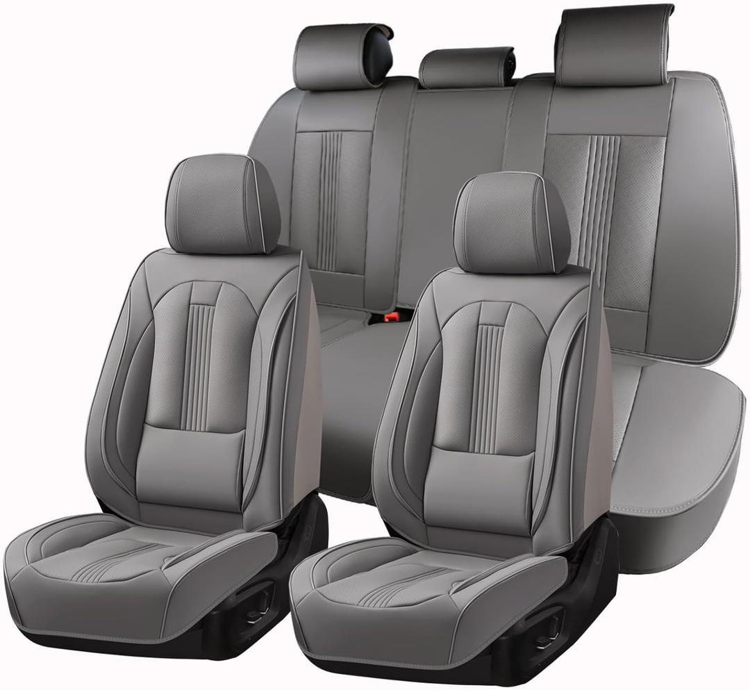 Huidasource Car Seat Covers Full Set, Car Seat Cover Nappa Leather with Lumbar Support, Side Elastic Fabric, Velcro Adjustable, Airbag, Ventilation Heating Universal Fit for Most Cars SUV Trucks, Gray