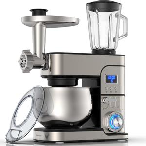 6-IN-1 Stand Mixer, LCD Display Kitchen Electric Mixer, 6.5QT Stainless Steel Bowl, Multi-Function Kitchen Blender With Dough Hook, Whisk, Beater, Meat Grinder, Splash Guard
