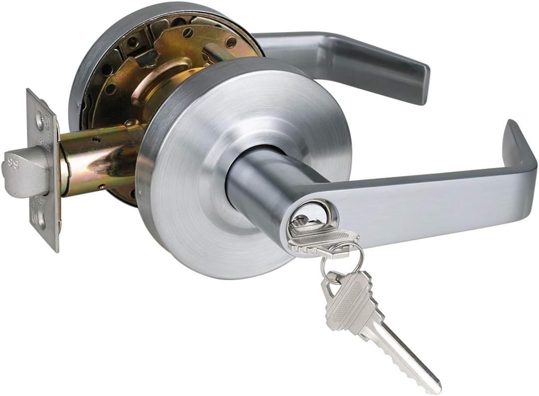 Heavy Duty Commercial Grade 2 Keyed Entry Door Lever, Satin Chrome Finished ADA Commercial Handle, UL 3 Hour Fire Rated Ergonomic Lever for Exterior Door and Front Door, 70mm Latch