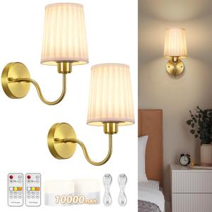 Battery Operated Wall Sconce Set of Two, Wireless Wall Sconces with 10000mAh Dimming Magnetic Bulb, Rechargeable Wall Sconce with Pleated Fabric for Bedroom Living Room Gallery Hallway, Gold