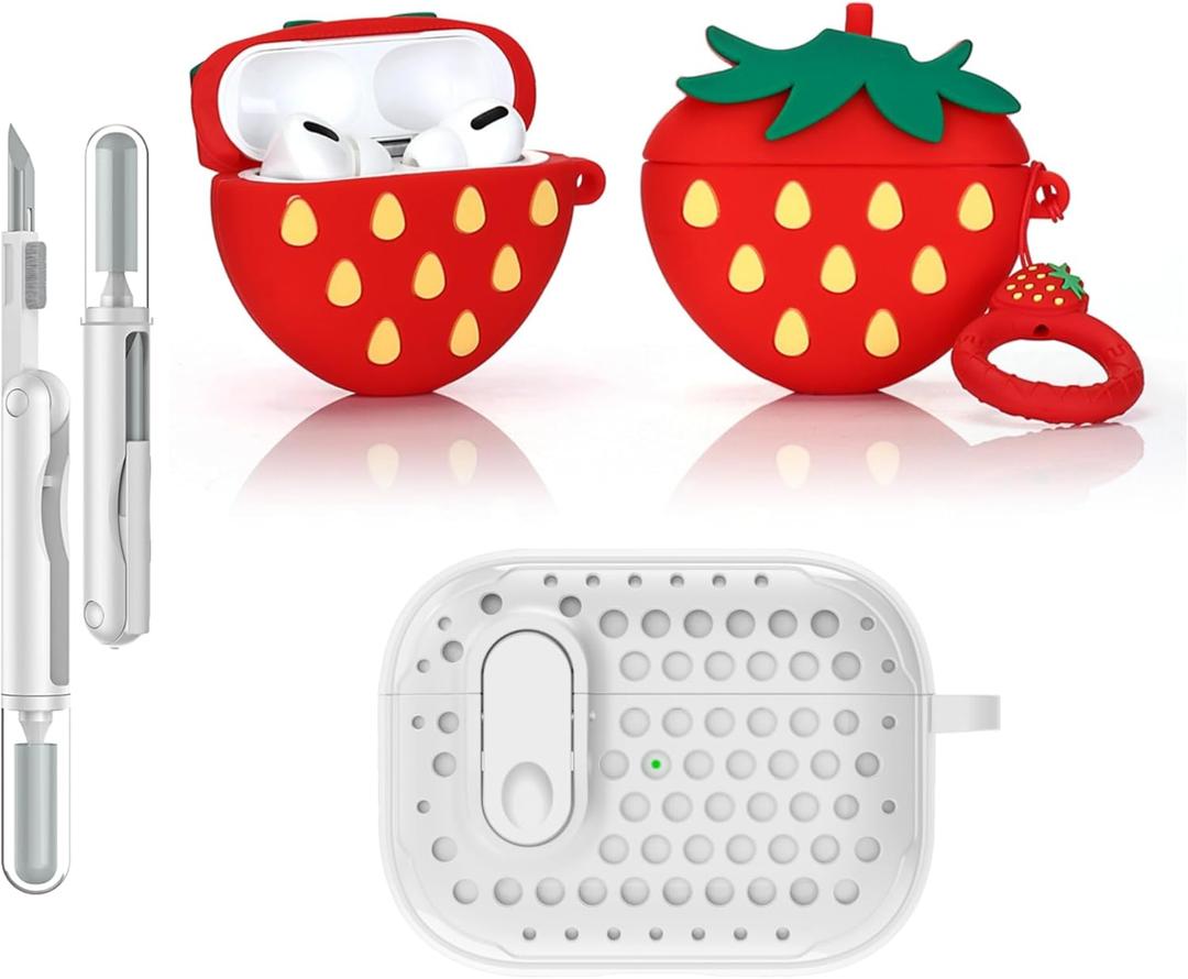 3 in 1 Compatible with Apple Airpods Pro(2nd/1st Generation) Protective Funny Cute Case Cover with Cleaner Kit & Keychain (3D Strawberry)