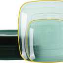 64 Pack Green Plastic Plates, Square Disposable Plate With Gold Rim Heavy Duty Party Dishes 32 Dinner Plates and 32 Dessert/Salad Plates For Wedding, Birthday