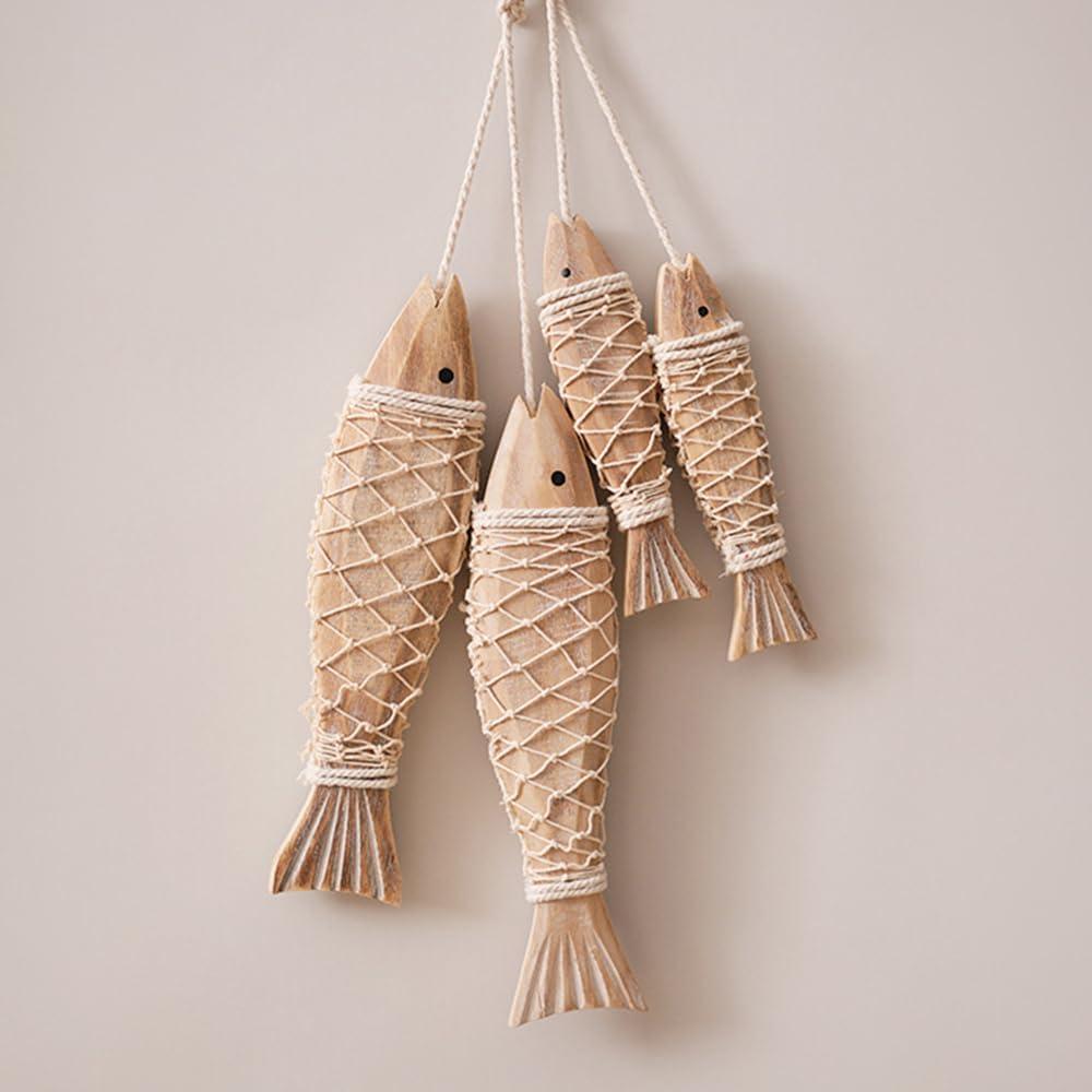 CSBXC 4 Pack Hand Carved Antique Wood Fish Sculpture Decor Ornament with Fishing Net, Beach Theme Wall Art Hanging Wooden Nautical Fish Decorations for Home, Lake House, Bathroom Bedroom Decorated
