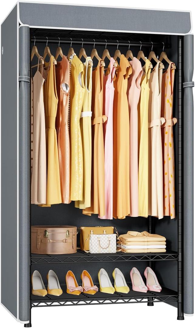 ULIFHOME H5C Clothes Rack with Cover, Portable Closet for Hanging Clothes, Covered Clothing Racks Heavy Duty, Garment Racks with Shelves, Max Load 360LBS, Black Closet Rack with Gray Cover
