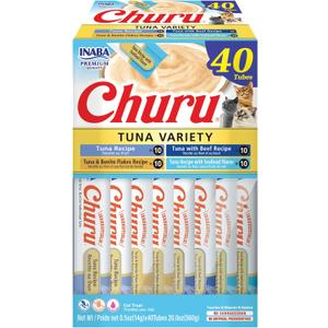 INABA Churu Cat Treats, Grain-Free, Lickable, Squeezable Creamy Pure Cat Treat/Topper with Vitamin E & Taurine, 0.5 Ounces Each Tube, 40 Tubes, Tuna Variety Box
