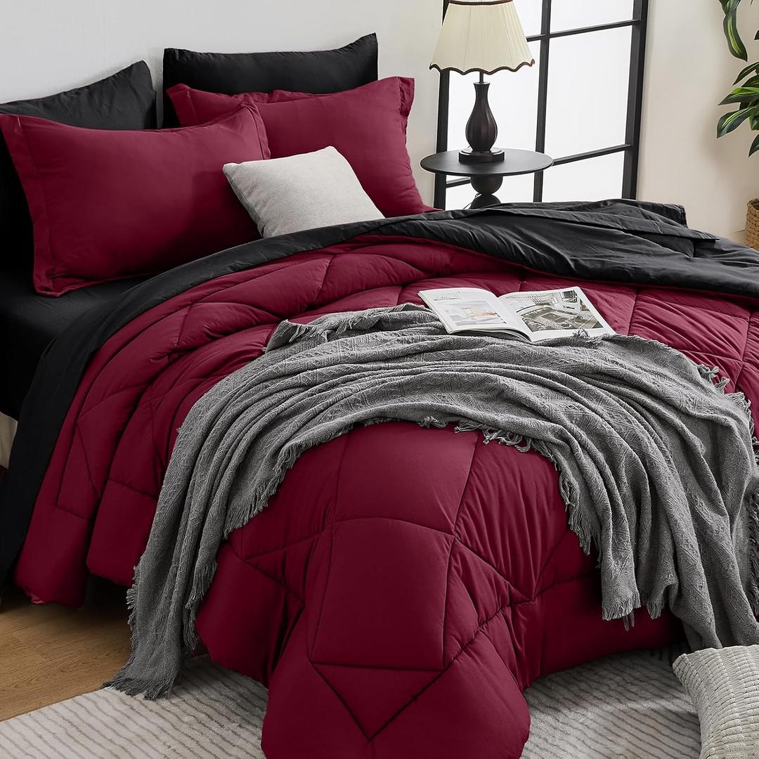 HEVUMYI Red & Black Twin Comforter Set - 5-Piece All Season Bed in a Bag Twin, Ultra Soft Burgundy Bedding Set with Comforter, Flat Sheet, Fitted Sheet, Pillowcases, Pillow Shams, Burgundy Red & Black