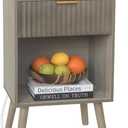 Grey Wood Nightstand with Charging Station, Modern Bedside Table with Fluted Drawers and Storage Shelf, End Side Tables Living Room for Bedroom, Office (Grey)