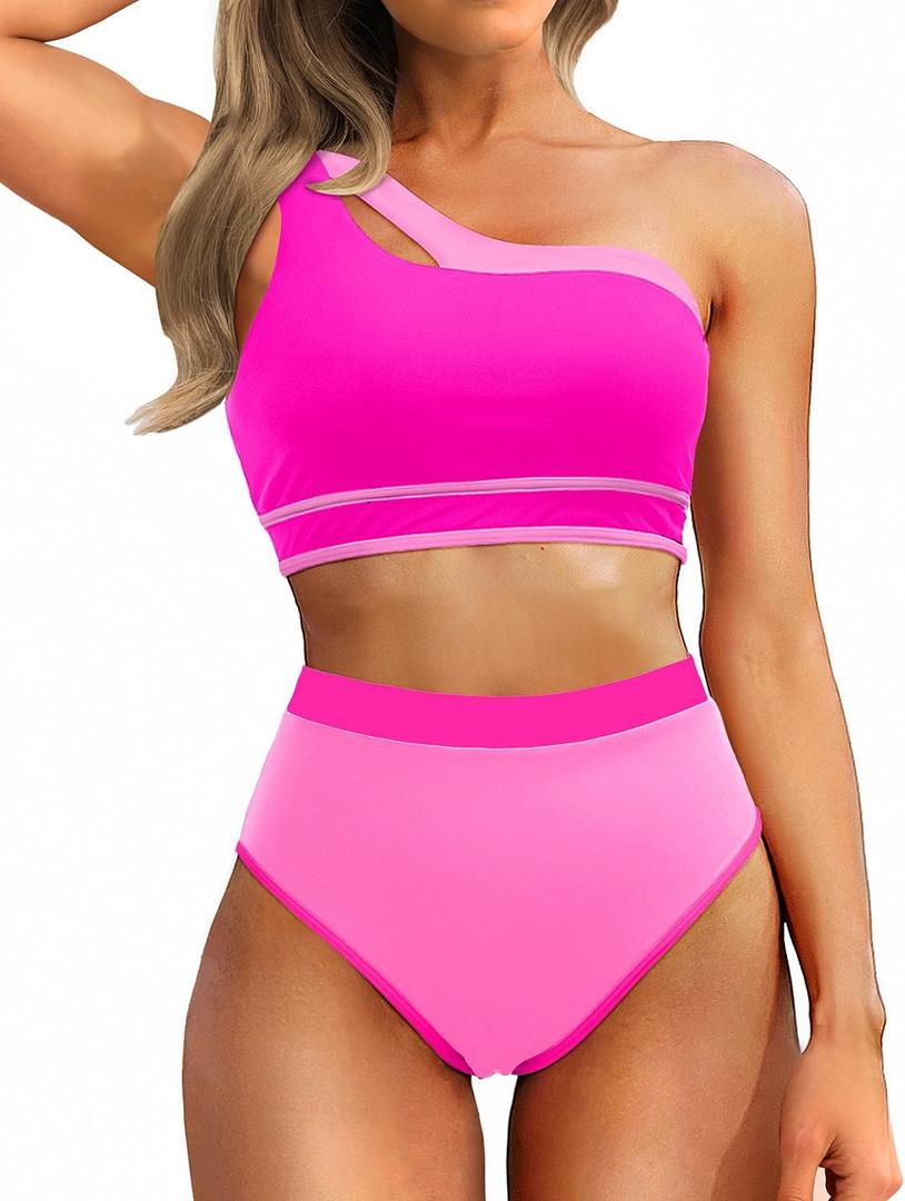 Tempt Me Women Pink One Shoulder High Waisted Bikini Color Block Two Piece Swimsuits Cutout 2 Piece Bathing Suit, M