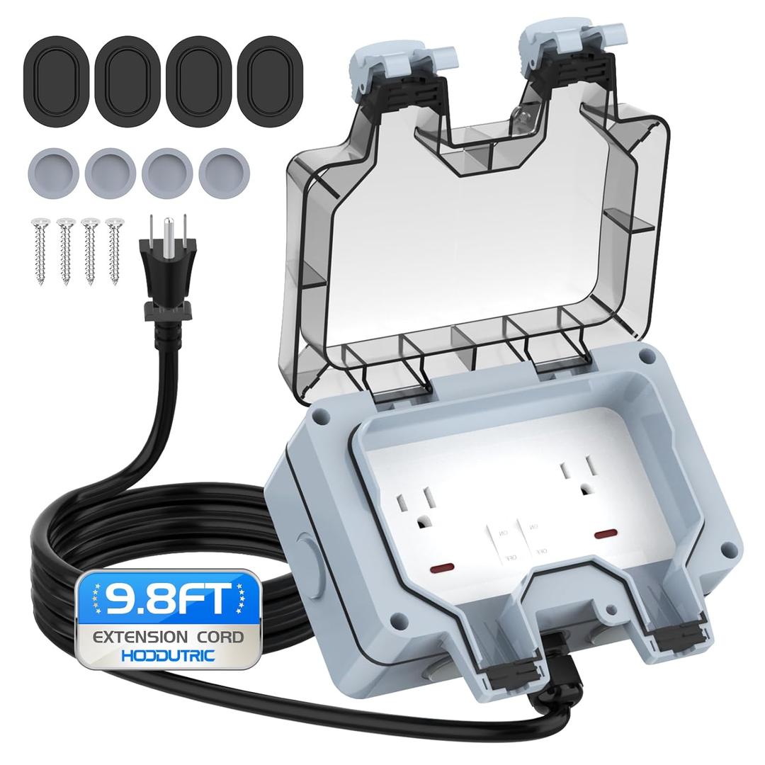 Outdoor Power Outlet Box with 9.8Ft Extension Cord, NEMA 5-15R, IP66 Waterproof Outlet Box 14AWG Wire Double Socket with Lockable Cover & LED Indicator for Garden & Outdoor Use