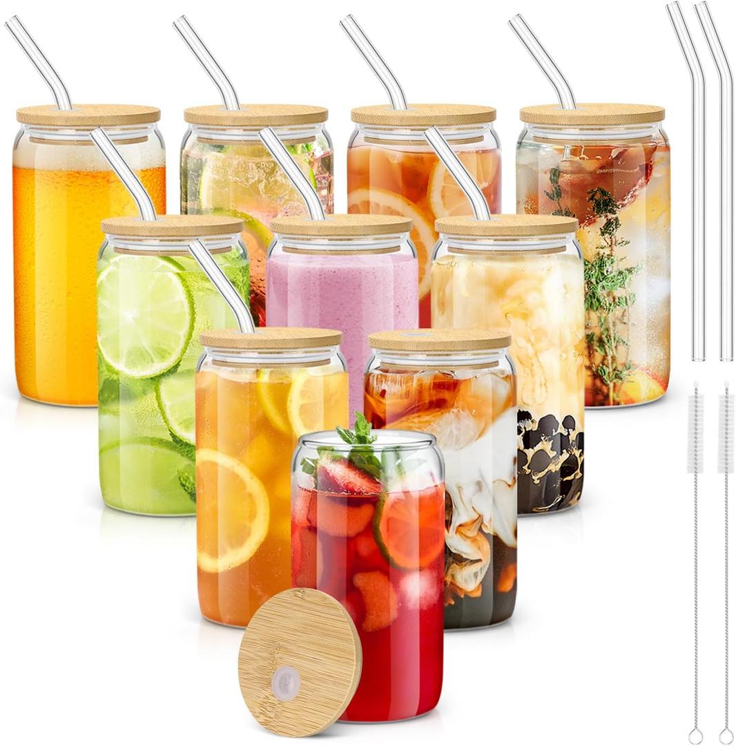 Sungwoo 10PCS Glass Cups with Bamboo Lids and Straws, 16OZ Ice Coffee Cup, Drinking Cup set with Wooden Lids, Home Essential Glass Tumblers for Beer, Cocktail, Tea and Latte Clear