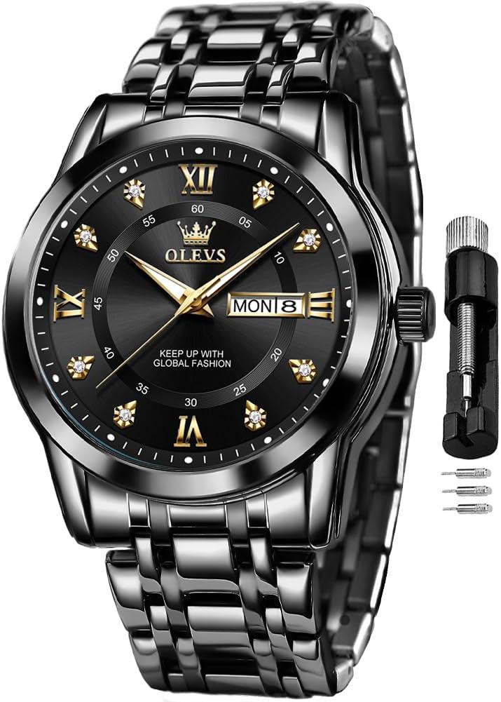 OLEVS Watch for Men Classic Business Dress Analog Quartz Stainless Steel Waterproof Luminous Date Diamond Men Silver Watch (all black watch 13)