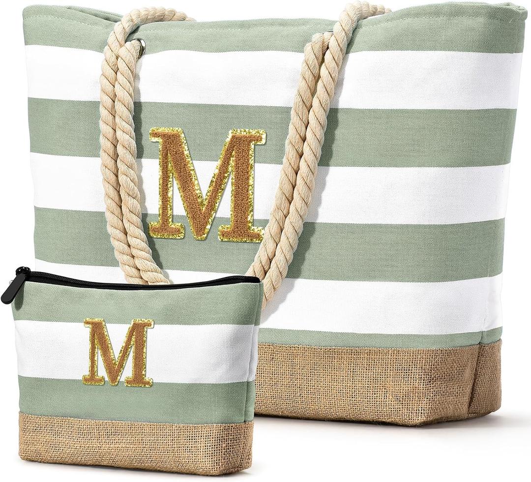Becokan Beach Bag Initial Beach Tote with Makeup Bag for Travel Work Storage Personalized Birthday Gifts for Women Her (Light Green)