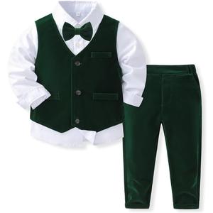 IDOPIP Toddler Kids Baby Boys Formal Suit Gentleman Outfit Long Sleeve Shirt with Bowtie + Vest + Pants Overalls Clothes 2-8T (Dark Green - Vest)
