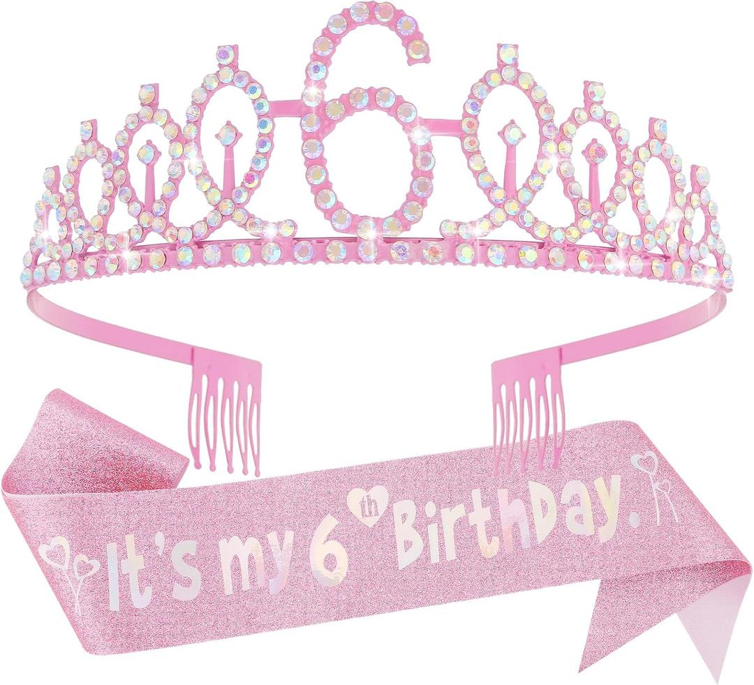 Canitor Birthday Decorations for Girls - Crown Tiara Sash Set and Headband Gift (6 Years Old)