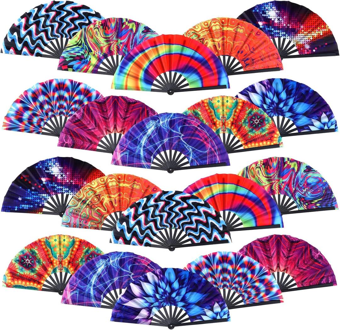 FairySandy 20 Pcs Rave Fans Bulk Large Folding Hand Fans with Plastic Ribs for Men Women, Chinese Japanese Rainbow Handheld with Fabric Case for Drag Queen Dance Club Music Festival Party(Stylish)