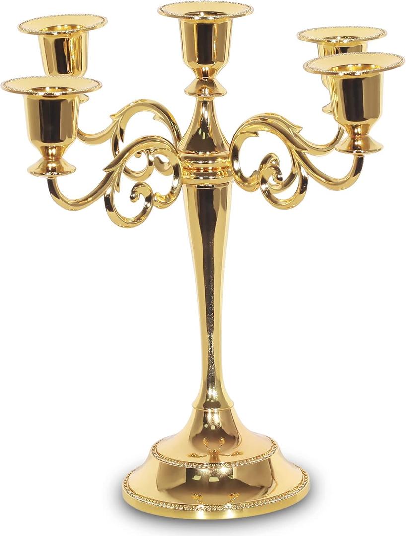 5-Candle Metal Candelabra Candle Holder 10.6 inch Tall Candlestick Holders for Valentine Christmas Home Party Dinning Candle Stand Gold (Gold2)