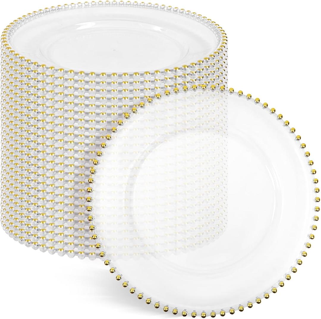 YMHPRIDE 24 Pack Clear Charger Plates Bulk, 13 Inch Plastic Acrylic Round Dinner Plate with Gold Beaded Rim Round Charger Plate Service for Home Wedding Party Event Table Setting Decoration