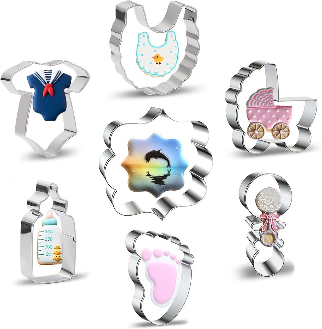 Baby Shower Cookie Cutter Set - 7 Piece - Baby Carriage, Onesie, Bib, Rattle, Bottle, Foot and Plaque Frame Cookie Cutters Shapes Biscuit Fondant Clay Molds for Kids Birthday Party - Stainless Steel