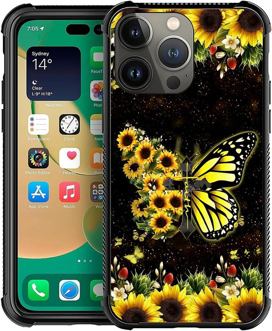 Compatible with iPhone 14 Pro Case Reinforced Four Corner Shock-Absorbing Anti Slip Soft TPU Frame Case Compatible with iPhone 14 Pro 6.1inch for Girls/Women Pattern Sunflower Butterfly