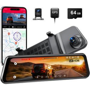 12" Mirror Dash Cam, 4K UHD Front and 2.5K Rear View Dash Camera for Car, with ADAS BSD LCA Smart Mode, GPS, G-Sensor, Loop Recording, Parking Monitor, Voice Control, 5.8GHz WiFi