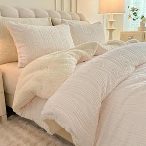 3D Striped Jacquard Sherpa Comforter Set Queen Size, Boho Geometric Pattern Quilt Bedding 3 Pieces Warm Cozy Fuzzy Comforter with 2 Pillowcases(90"X90" Ivory White)