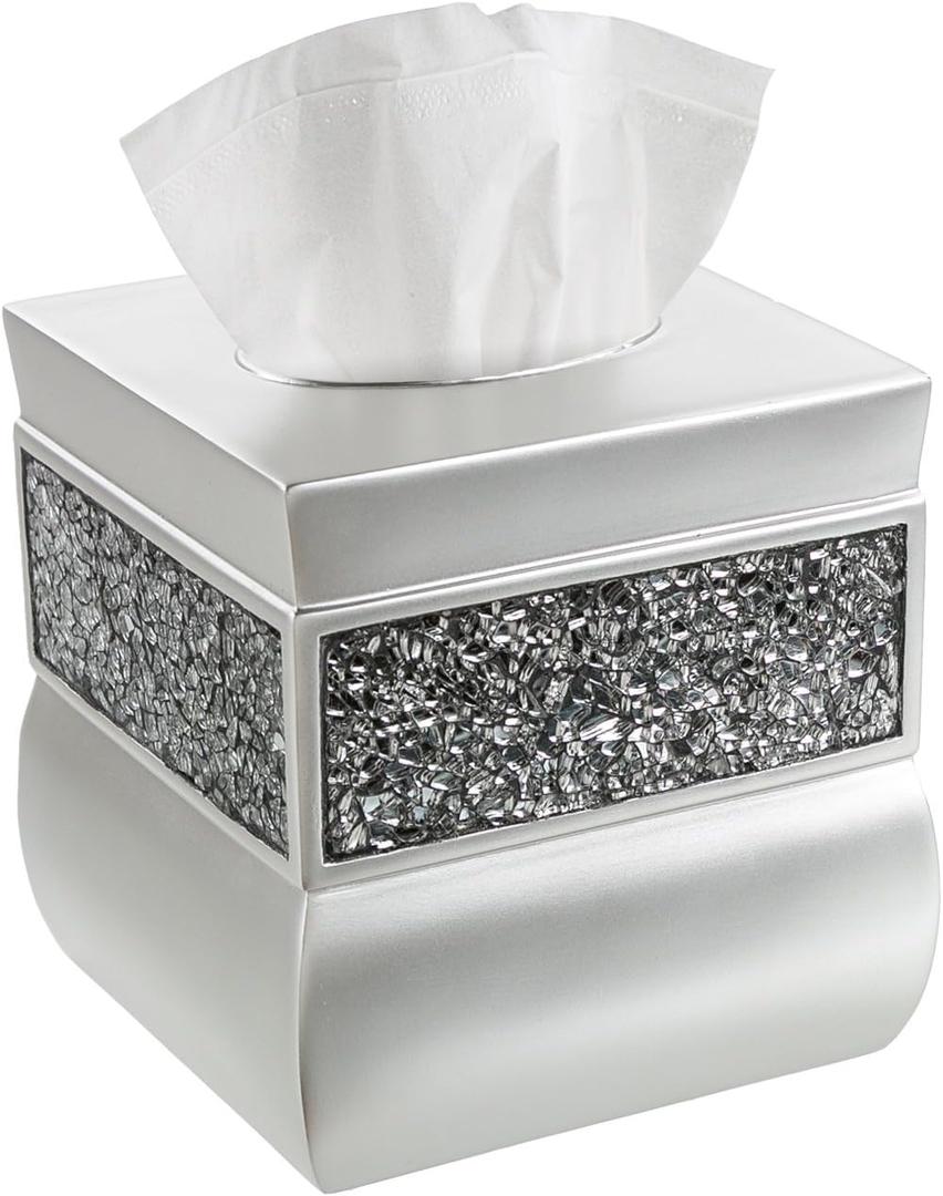 Creative Scents Crackled Glass Silver Tissue Box Cover Square - Decorative Tissue Box Holder - Tissue Holder Vessel for Bathroom with Durable Bottom Slider, Elegant Home or Bathroom Decor