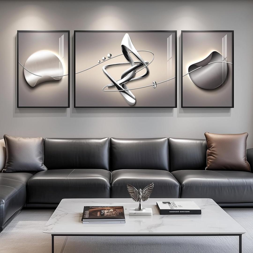 Extra Large Framed Modern Abstract Wall Art for Living Room, 3 Piece Black Grey Prints Wall Paintings Artwork for Walls, Silver Gray Luxury Wall Pictures for Hallway Entryway Foyer Stair Office Wall Decor 30x80 Inch