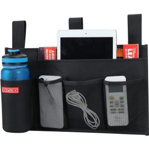 Hanging Bedside Caddy, Bedside Storage Organizer for Magazine, Phone, Remote control (5 Pockets-Black)