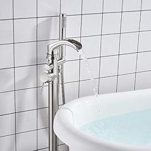 Senlesen Bathroom Single Handle Freestanding Bathtub Faucet Floor Mounted Waterfall Tub Filler with Hand Shower Set Brushed Nickel Finished